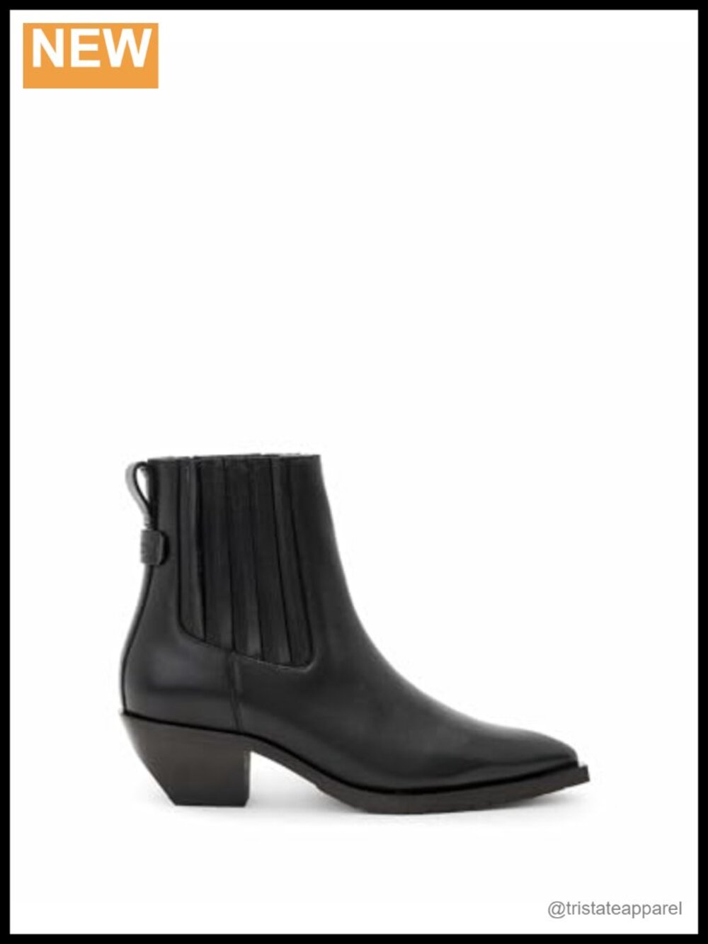 AllSaints Marcie Chelsea Ankle Boots Leather Pointed Toe Block Heel Pull-On